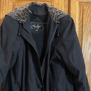 Vintage Halston Heritage long Black Coat with Animal Print hood